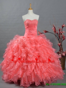 Real Sample Sweetheart Beading Watermelon Quinceanera Dresses for 2015