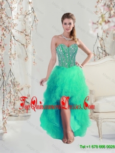 Comfortable High Low Beaded and Ruffles Apple Green Dama Dresses for 2016