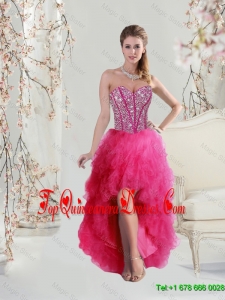 2016 Elegant High Low Sweetheart Beaded and Ruffles Dama Dresses in Hot Pink