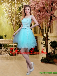 2016 Fall Gorgeous Scoop Beaded Dama Dresses with Appliques in Aqua Blue
