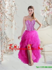2016 Fashionable High Low Sweetheart Fuchsia Damas Dresses with Beading and Ruffles