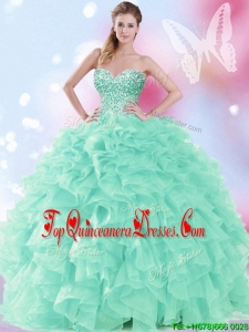 2017 Modest Beaded and Ruffled Quinceanera Dress in Apple Green