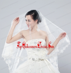 2014 Two-Tier Tulle Elbow Veils with Lace Edge