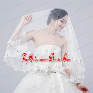 2014 Two-Tier Tulle Lace Appliques Edge Bridal Veils