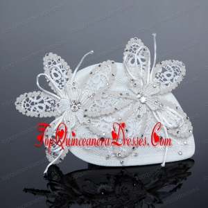 2014 White Cheap Lace Hair Flowers with Rhinestone