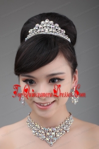 Alloy And Clear Colorful Rhinestone Jewelry Set With Crown Necklace And Earrings