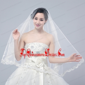 Angle Cut Two-Tier Lace Appliques Edge Chapel Bridal Veils