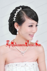 Beautiful Alloy With Peals Wedding Jewelry Set Including Necklace Earrings And Headpiece