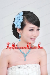 Blue Crystal Round Shaped Jewelry Set Including Necklace And Headflower