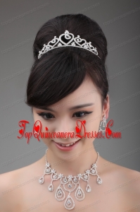 Elegant Rhinestone Wedding Jewelry Set Including Drop Earrings Crown And Necklace