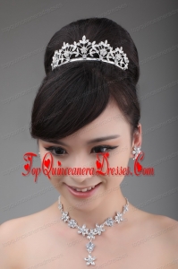 Intensive Flower Rhinestone Alloy Jewelry Set With Crown Necklace And Earrings