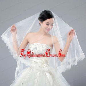 One-Tier Angle Cut Wedding Veils with Lace Appliques Edge