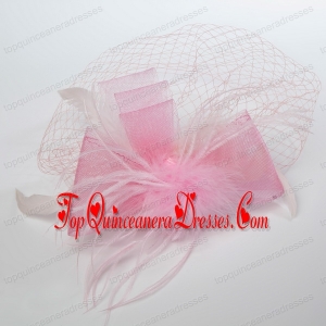 Pretty Pink Feather Tulle Net Yarn Briadl Hat