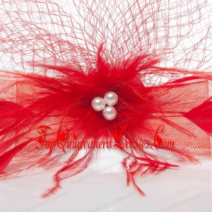 Romantic Red Feather Net Yarn Briadl Hat with Imitation Pearls