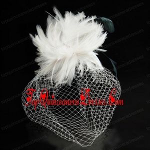 White Feather Elegant Net Yarn Briadl Hat with Imitation Pearls
