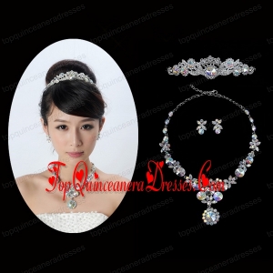 Multi Color Crystal Round Shaped Jewelry Set Including Necklace Tiara