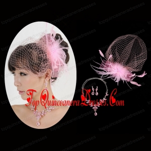 Pink Luxurious Rhinestone Ladies Jewelry Set Including Necklace And Headpiece
