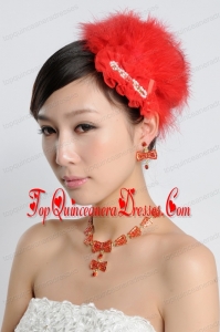 Red Luxurious Rhinestone Ladies Jewelry Set Including Necklace And Headpiece