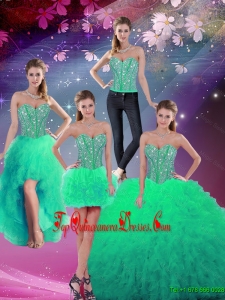 2016 Fall New Style Sweetheart Beaded and Ruffles Detachable Quinceanera Dresses in Turquoise