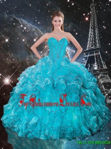 2016 Spring Pretty Sweetheart Teal Quinceanera Gowns with Ruffles and Beading