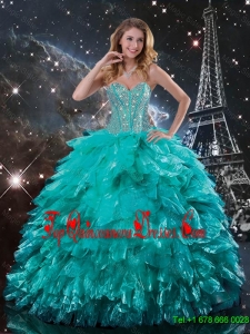 2016 Spring Pretty Brush Train Turquoise Quinceanera Dresses with Beading and Ruffles