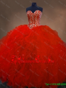 Pretty Red Sweetheart Quinceanera Gowns with Ruffles and Beading