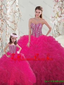2015 Winter Classical Ball Gown Beaded and Ruffles Macthing Sister Dresses in Hot Pink