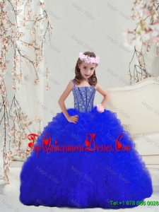 Fitting Beaded and Ruffles Royal Blue Mini Quinceanera Dresses with Spaghetti