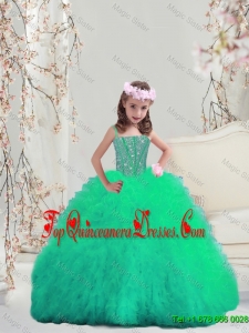 Sweet Spaghetti Apple Green Mini Quinceanera Dresses with Beading and Ruffles