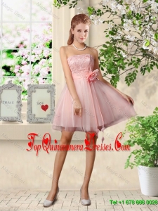 Beautiful Strapless Laced Dama Dresses with Hand Made Flowers
