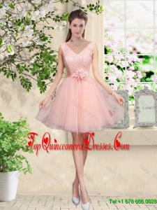 Decent V Neck Baby Pink Dama Dresses with Hand Made Flowers