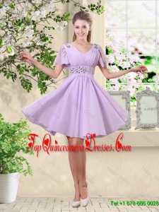 Simple A Line V Neck Beaded Dama Dresses in Lavender