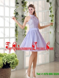 Beautiful A Line High Neck Lace Dama Dresses with Lavender