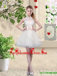 Feminine A Line Halter Top Dama Dresses with Bowknot and Lace