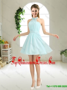 Cheap Halter Top Belt Light Blue Dama Dresses for 2016