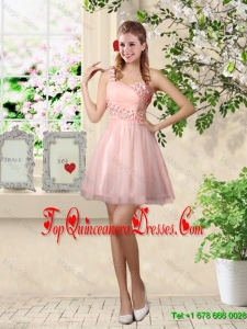 Affordable A Line One Shoulder Appliques Dama Dresses in Pink