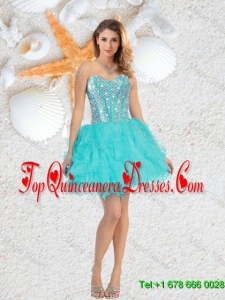 Cheap Sweetheart Beaded and Ruffles Dama Dresses in Aqua Blue