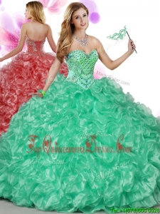 Cheap Beaded Bodice and Ruffled Big Puffy Quinceanera Gown in Turquoise
