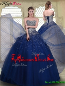 Gorgeous Ball Gown Strapless Quinceanera Gowns in Navy Blue