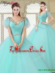 Exquisite V Neck Mint Sweet 16 Dresses with Appliques