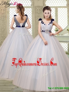 Pretty Champagne Straps Quinceanera Gowns with Belt and Appliques