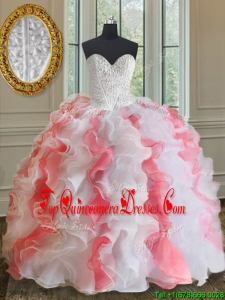 2017 Popular Brush Train White and Coral Red Quinceanera Dress with Beading and Ruffles