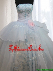 2017 Strapless Light Blue Quinceanera Dress with Appliques and Handmade Flowers