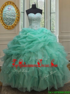 Cheap Beaded and Bubble Turquoise Organza Quinceanera Dress with Ruffles