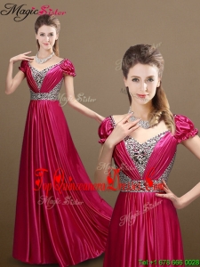 2016 Pretty Empire V Neck Beading Dama Dresses with Short Sleeves