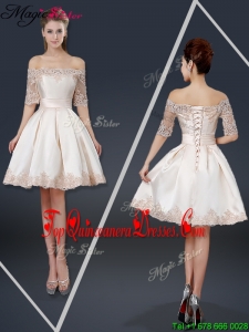 2016 Arrivals Off the Shoulder Appliques Champagne Short Dama Dresses