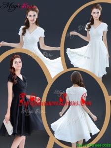 2016 Cheap Knee Length V Neck Dama Dresses with Ruching