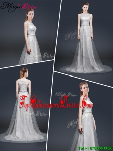 2016 Elegant Empire Bateau Dama Dresses with Brush Train