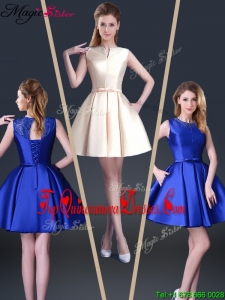 2016 Beautiful Short Bateau Dama Dresses with Bowknot and Beading