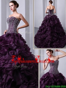 2016 Fashionable Sweetheart Beading and Ruffles Quinceanea Dresses with Brush Train